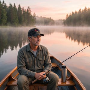 Puede incluir: Una persona en un bote en un lago al amanecer, con una gorra con un emblema colorido. Sostiene una ca&ntilde;a de pescar y un carrete, con un termo de acero inoxidable cerca. La escena se desarrolla contra un tel&oacute;n de fondo de &aacute;rboles y un lago brumoso.