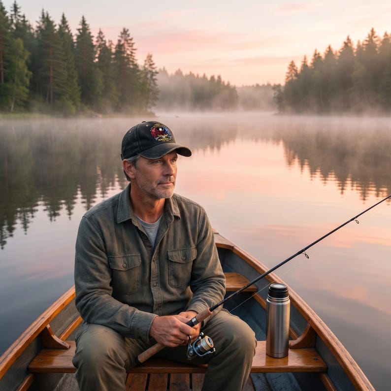 Puede incluir: Una persona en un bote en un lago al amanecer, con una gorra con un emblema colorido. Sostiene una ca&ntilde;a de pescar y un carrete, con un termo de acero inoxidable cerca. La escena se desarrolla contra un tel&oacute;n de fondo de &aacute;rboles y un lago brumoso.