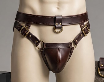 Brown Leather Harness Jockstrap for Men, Adjustable Buckle Jock with Brass D Rings, Handmade Pride Clubwear