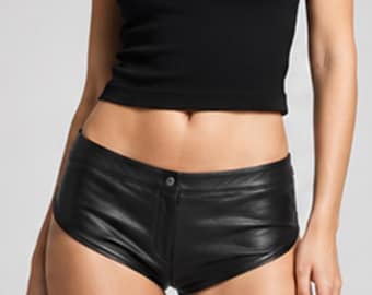 Handmade Black Genuine Leather Low Rise Hot Shorts, Curved Hem Biker Clubwear