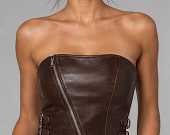 Brown Leather Corset Top – Strapless Biker Bralette, Buckle Detail, Edgy Clubwear