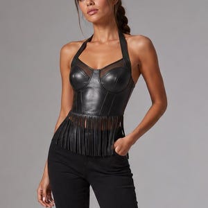 Black Leather Fringe Halter Corset Top, Underwire Western Bustier for Women