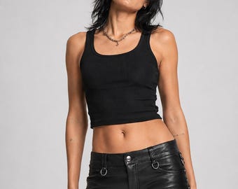 Black Genuine Leather Biker Shorts, Low Rise D-Ring Moto Hot Pants