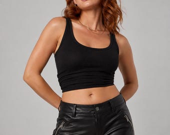 Handmade Black Genuine Leather Biker Shorts, Low Rise Zip Pockets Clubwear Festival