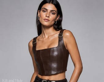Brown Leather Corset Crop Top, Lace-Up Back Bustier with Buckle Straps, Gothic Biker Clubwear