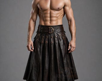 Falda escocesa plisada de cuero marrón oscuro para hombre, estilo gótico guerrero renacentista para festivales.