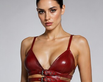 Red Leather Bralette Top, Strappy Buckle Crop Top, Lace Up Back Harness Bra, Gothic Biker Clubwear