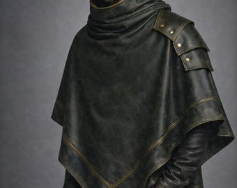Poncho con cappuccio in pelle marrone scuro effetto invecchiato, mantello da ranger medievale, costume con armatura gotica per le spalle