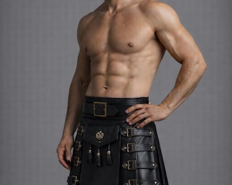 Handmade Black Leather Kilt, Gothic Utility Pleated Mens Scottish Kilt
