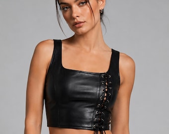 Black Genuine Leather Lace-Up Crop Top – Clubwear Chic Summer Party Outfit