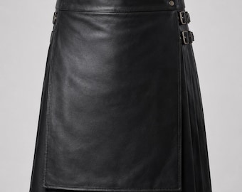 Men's Black Leather Kilt, Minimalist Biker Style with Side Buckles