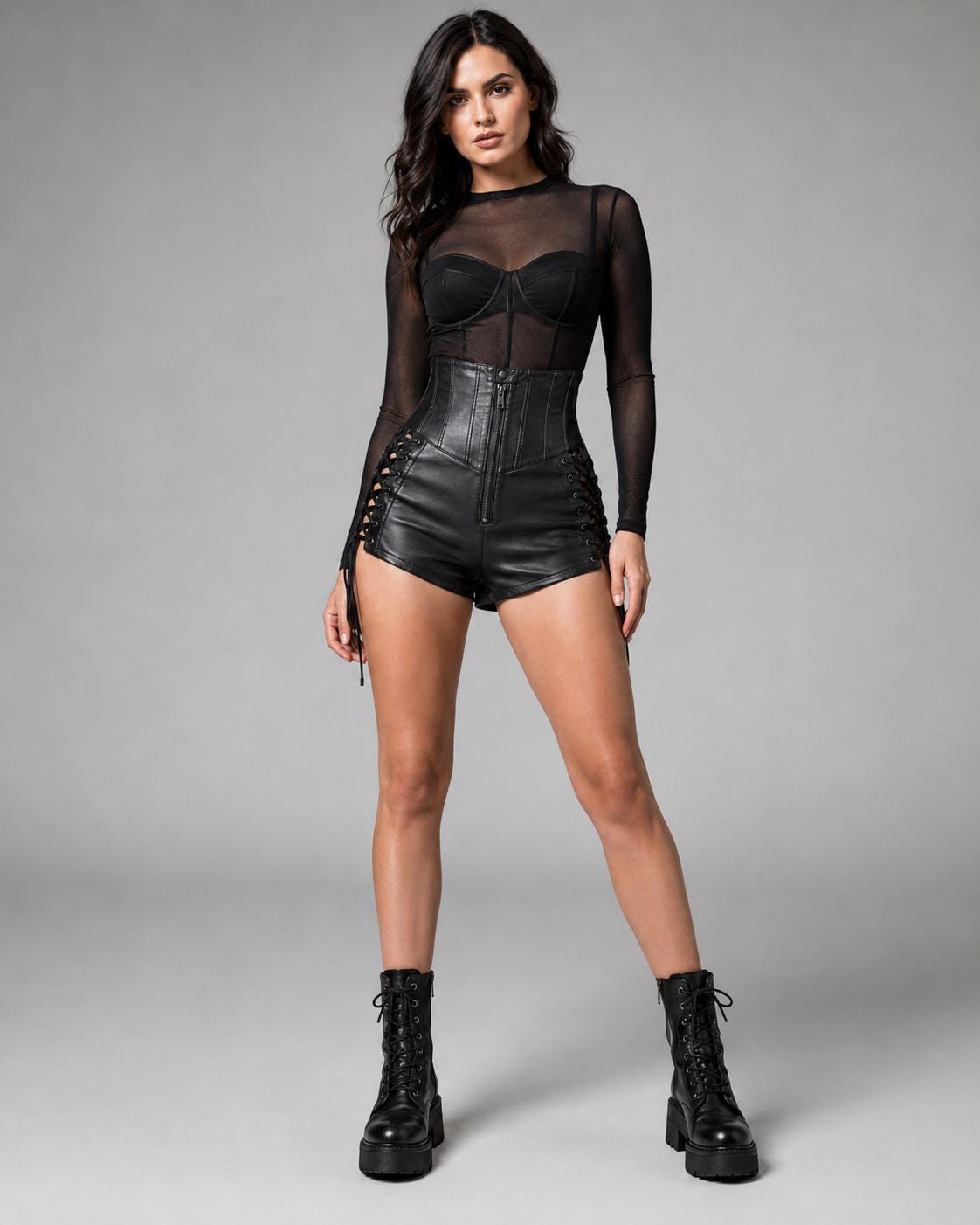 Black Leather Corset Shorts, High Waisted Lace Up Gothic Biker Hot Pants