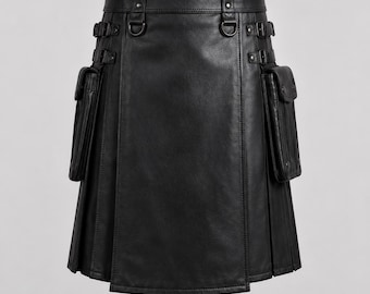 Men's Black Genuine Leather Utility Kilt, Pleated Biker Style with Pockets