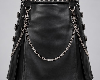 Black Leather Kilt Men, Studded Gothic Biker Chains Buckle Straps Pleated Back