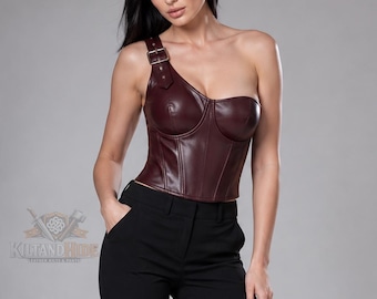 Bordeauxrode leren asymmetrische korsettop met één schouder | Aansluitende bustier avondkleding