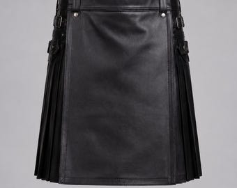 Black Leather Pleated Kilt for Men, Adjustable Gothic Biker Utility Skirt