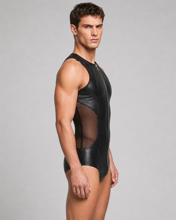 Men’s Black Leather Bodysuit, Pride Outfit for Guys, Mesh Side Panel Zip Romper, Handmade LGBTQ Clubwear Festival Wear