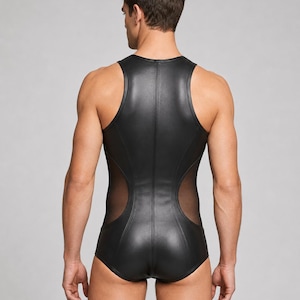 May include: A sleeveless black bodysuit featuring a smooth, leather-like finish on the front and back panels, complemented by sheer mesh side panels that extend from the waist to the armholes, creating a fitted, one-piece silhouette.