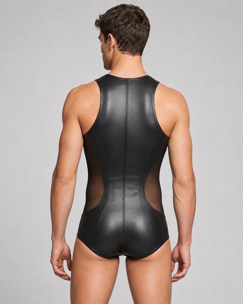 May include: A sleeveless black bodysuit featuring a smooth, leather-like finish on the front and back panels, complemented by sheer mesh side panels that extend from the waist to the armholes, creating a fitted, one-piece silhouette.