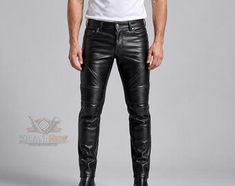 Men's Black Genuine Leather Biker Pants, Slim Fit Moto Trousers