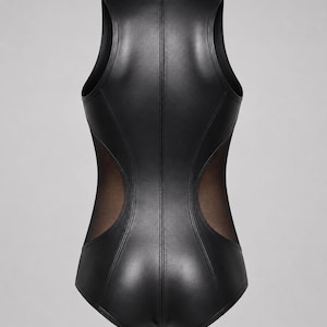 May include: A sleeveless black bodysuit featuring a smooth, leather-like finish with vertical seam detailing down the center. The garment includes sheer mesh panels along both sides of the torso, extending from the armholes to the hip area.