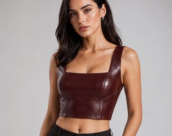 Burgundy Leather Corset Crop Top, Square Neck Biker Clubwear, Lace Up Back