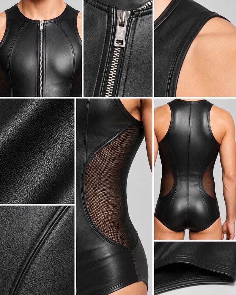 May include: A black sleeveless bodysuit featuring a front silver zipper closure, a round neckline, and side mesh panels. The garment is constructed from a textured black material with visible seam detailing throughout the front and back panels.