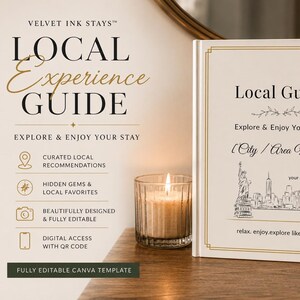 May include: A white hardcover book titled Local Guide with gold border lines, a compass icon, and a line drawing of the Statue of Liberty and city skyline. The cover includes text placeholders for City/Area Name and your image goes here.