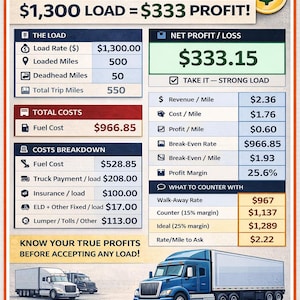 Pode incluir: Gráfico de calculadora de lucro de carga de caminhão com dados financeiros. Exibe taxa de carga, milhas, custos e margem de lucro. Inclui uma ilustração de caminhão azul e texto.