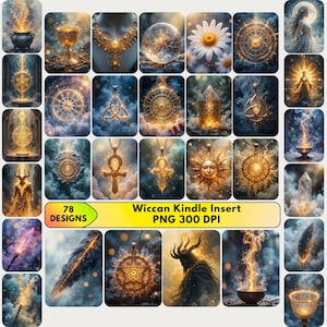 Könnte beinhalten: Eine Sammlung von 78 Designs zum Thema Wicca, darunter Anhänger, Illustrationen und dekorative Elemente. Die Designs weisen goldene und gelbe Akzente auf, mit mystischen Symbolen und Bildern vor einem blauen und wolkigen Hintergrund. Der Text "Wiccan Kindle Insert PNG 300 DPI" ist sichtbar.