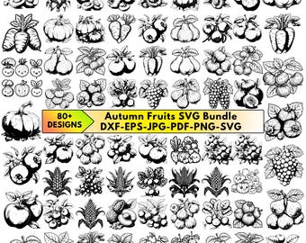 Autumn Fruits SVG Bundle, Fall Harvest Cricut Files, Pumpkin Apple Grape SVG, Thanksgiving Laser Engraving PNG DxF Commercial Use