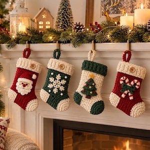 May include: Four crocheted Christmas stockings hanging from a white mantel. The stockings feature festive designs including a Santa Claus face, a white snowflake, a green Christmas tree, and two candy canes, each accented with a small wooden button.