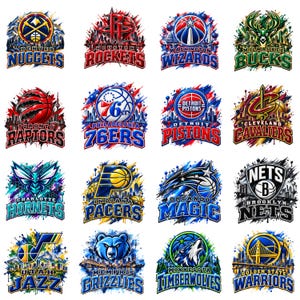Może przedstawiać: Kolekcja szesnastu logo drużyn koszykarskich NBA z żywymi rozpryskami farby w stylu akwareli. Każdy emblemat przedstawia nazwę drużyny, miasto oraz ikoniczne symbole, takie jak piłki do koszykówki, zwierzęta i panoramy miast w wyrazistych barwach.