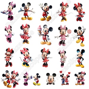 May include: A collection of nineteen individual character illustrations featuring Mickey and Minnie Mouse in various poses, wearing red, pink, and white polka-dot outfits, holding items like cupcakes, ice cream, lollipops, and hearts against a white background.