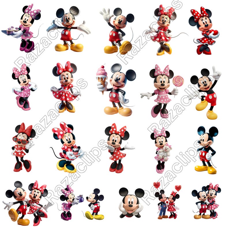May include: A collection of nineteen individual character illustrations featuring Mickey and Minnie Mouse in various poses, wearing red, pink, and white polka-dot outfits, holding items like cupcakes, ice cream, lollipops, and hearts against a white background.