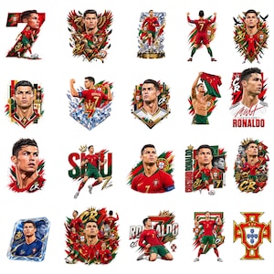 Pode incluir: Uma coleção de vinte ilustrações digitais apresentando Cristiano Ronaldo em várias poses, vestindo o uniforme vermelho e verde da seleção nacional de Portugal, frequentemente acompanhado pelo número sete, coroas, diamantes e o emblema da federação portuguesa.