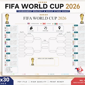 Op de afbeelding: Een wit FIFA Wereldkampioenschap 2026 toernooischema en groepsfasekaart van 40x30 inch. De poster bevat gouden trofee-iconen, landenvlaggen, wedstrijdstatistieken en een centraal schema voor het bijhouden van het toernooiverloop.