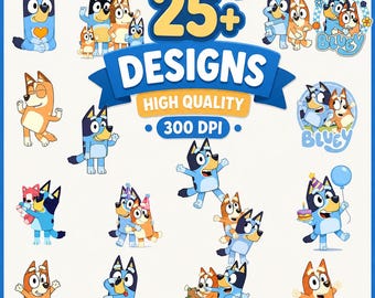 Bluey PNG Clipart Bundle | Cartoon Dog Birthday Party Design | Kids Birthday Sublimation PNG | Digital Download Party Decorations Kids Gift