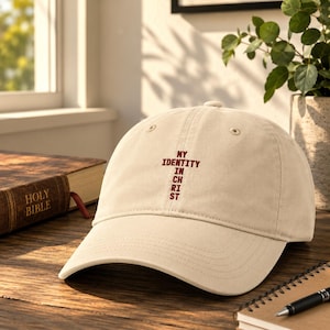 Könnte beinhalten: Eine beige Baseballkappe mit dem gestickten Text "MY IDENTITY IN CHRIST", der in Form eines Kreuzes in dunkelrotem Garn angeordnet ist. Die Kappe hat einen gebogenen Schirm, eine strukturierte Krone mit Belüftungsösen und einen Knopf oben.