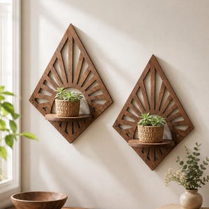 Puede incluir: Dos estantes de pared de madera oscura en forma de diamante con un patrón recortado de rayos de sol. Cada estante sostiene una pequeña planta suculenta en una maceta tejida de color claro. Los marcos de madera tienen punta arriba y abajo.