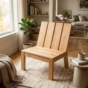May include: A light-colored wooden chair with a slatted back and seat. The chair is positioned on a patterned rug, with a small side table holding a mug and books. A potted plant and a window are visible in the background.