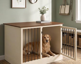 Große Hundebox im Möbelstil (5x3 Fuß), DIY-Hundehütte aus Holz mit Beistelltisch, Baupläne zum digitalen Download, robuste Hundehütte für den Innenbereich (PDF)
