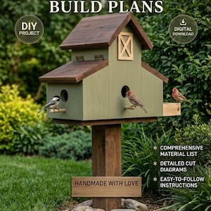 May include: A rustic, green and brown birdhouse with the text "THE RUSTIC BARN BIRD HOUSE BUILD PLANS". The birdhouse has two circular entry holes and a small wooden perch. The text "HANDMADE WITH LOVE" is on a wooden sign. Includes a comprehensive material list, detailed cut diagrams, and easy-to-follow instructions.