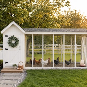Peut inclure: Un poulailler blanc avec un toit gris et une petite porte ornée d'une couronne verte. Plusieurs poulets de différentes couleurs sont à l'intérieur. Un petit porche en bois avec un panier d'œufs et une plante en pot est devant la porte.