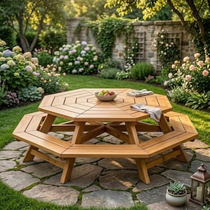 May include: A wooden octagonal picnic table with attached benches sits on a stone patio in a garden. A bowl of fruit and two folded napkins rest on the table. The table is surrounded by lush greenery and flowers.
