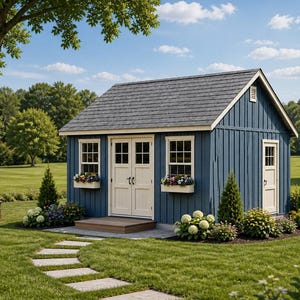 May include: A blue garden shed with a gray roof, white trim, and cream-colored doors and windows. The shed is surrounded by a green lawn, flower beds, and a stone pathway. The sky is blue with scattered clouds.