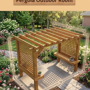 May include: Wooden pergola with lattice side panels and bench seating. The structure is 88 inches high, 87 inches wide, and 120 inches long. The text "Pergola Outdoor Room" is displayed at the top of the image.