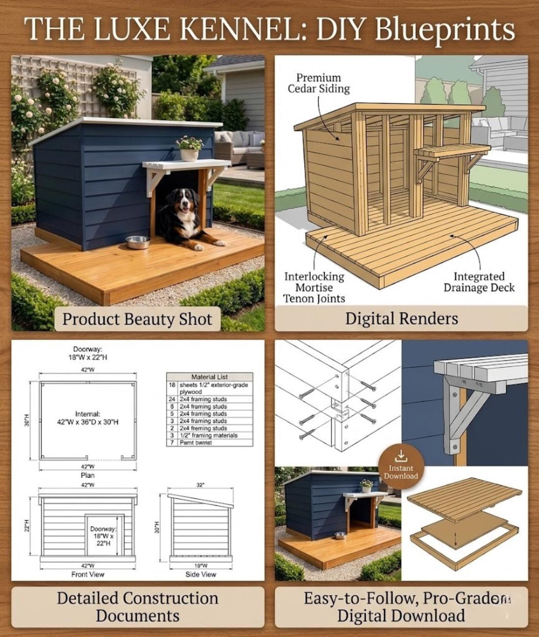 Dog Plan Library Dog House Plans PDF | DIY Wooden Dog Kennel | Outdoor Pet Shelter ...