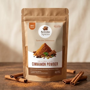 Op de afbeelding: Een bruine papieren zak met kaneelpoeder van Serene Spices. De zak heeft een label met de tekst "Serene Spices" en "Cinnamon Powder". De afbeelding toont ook kaneelstokjes en poeder op een houten oppervlak. De zak zegt "100% Organic".