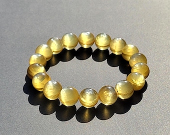 Pulsera de lepidolita dorada natural de 8 mm, 9 mm y 11 mm. Cristal de mica dorada de Brasil. Piedra de la riqueza y la confianza.